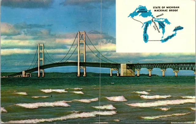 The Mackinac Bridge Map Dual View Michigan MI c1962 Unposted Postcard