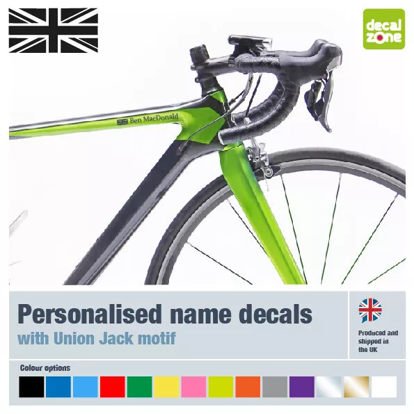 Personalised Bike decals with Union Jack, stickers, labels x4, road, MTB, Gravel