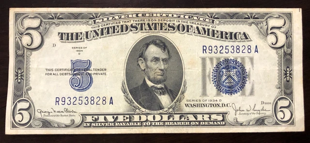 1934D $5 Silver Certificate Blue Seal - Wide 1