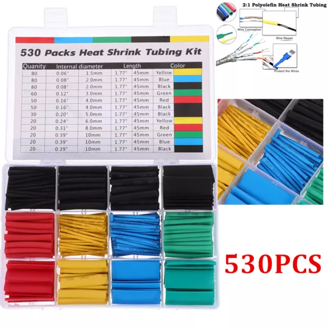 530 Pcs Heat Shrink Tubing Tube Sleeving Wrap Cable Wire Insulation Sleeving Kit