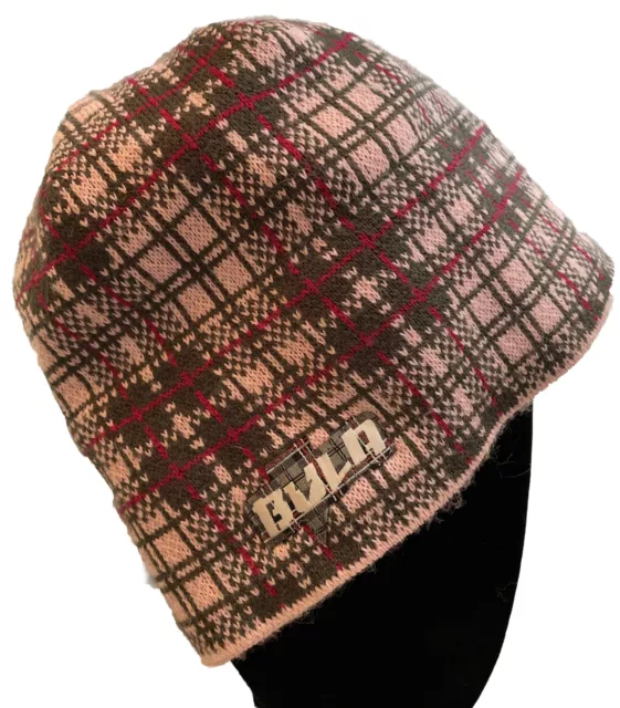 BULA Knit Beanie Brown Pink,Gray Plaid Ski Winter Hat Wool Blend Polartec