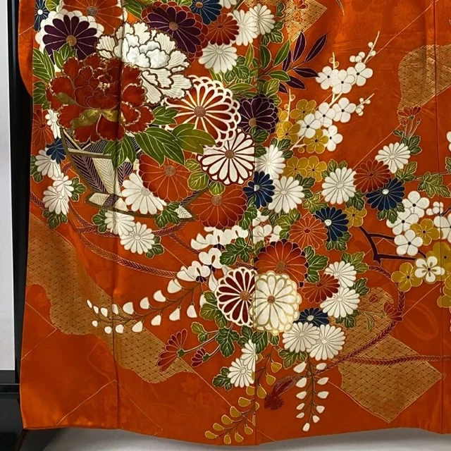 Japanese Kimono Furisode Pure Silk Flower Flower Vase Gold Thread Embroidery 3
