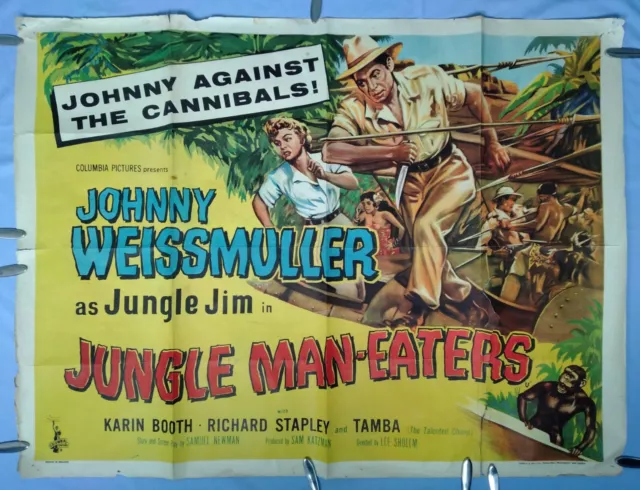 JUNGLE MAN-EATERS (1954)v.rare orig UK quad poster JOHNNY WEISSMULLER Jungle Jim