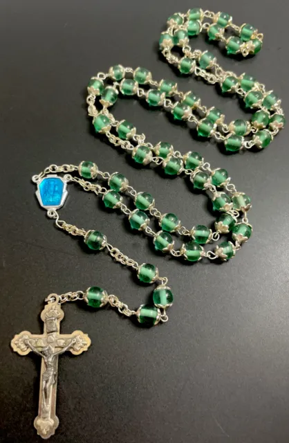 Vintage Catholic Capped Blue Glass Rosary, Enamel Center, Silver Tone Crucifix