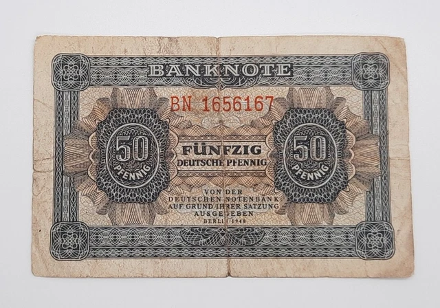 1948 - Germany, Deutsche Notenbank - 50 Pfennig Banknote, Serial No. BN 1656167