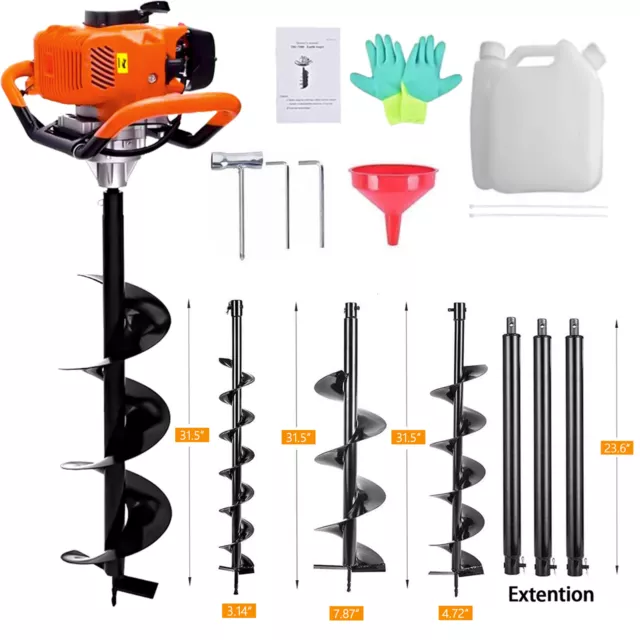 62CC Gas Powered 2100W  Post Hole Digger W/ 3 Earth Auger +3 Rods Digging Engine