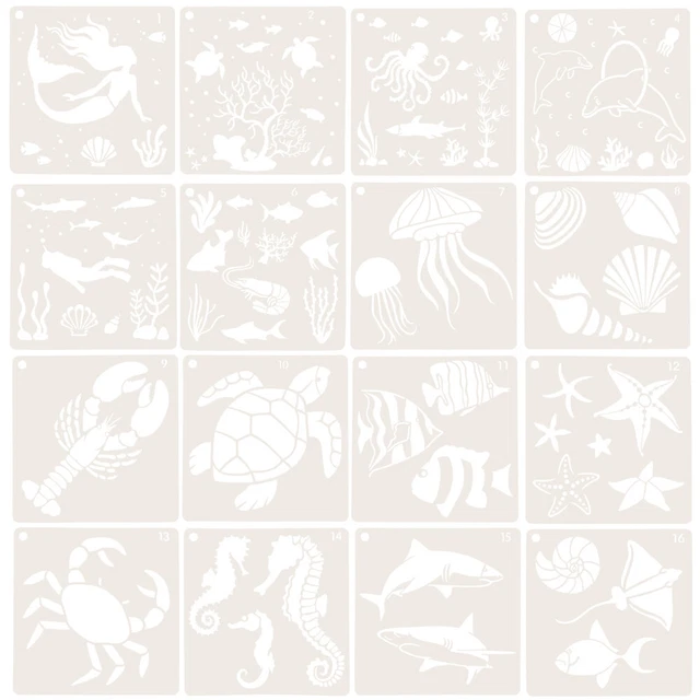 16 Pcs Ocean Painting Template Animal Drawing Scrabooking Stencils Hollow Out