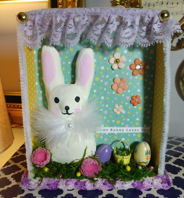 Easter Paper Mache Bunny Rabbit Shadow Box Decoration Spring Kitschy Flower