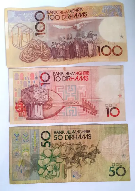 3 Banknote MOROCCO 10-50-100 DIRHAMS 1987 King Hassan II - Used 2