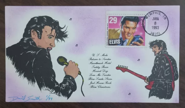 FDC-005  1992 ELVIS PRESLEY Stamp FDOI First M&S Cachet David Smith Artwork 1/99