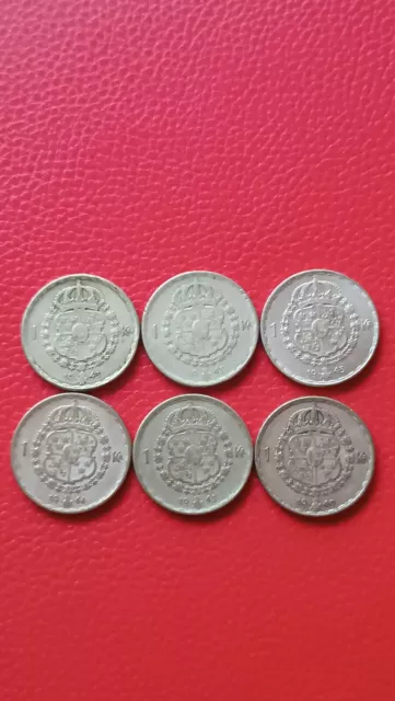 6x 1 Krone 1943 1944 1945 1949 Silbermünzen Schweden