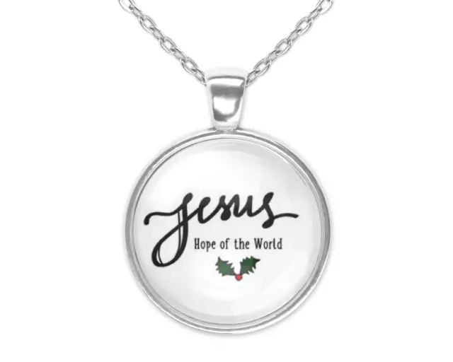 Jesus Hope of the World Christmas Faith Silver Glass Pendant Necklace New 20 In