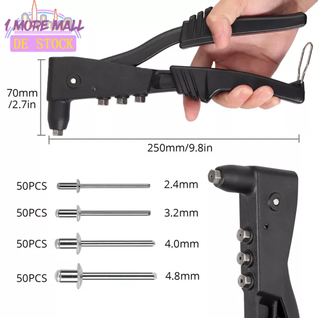 Profi Nietzange Popnietzange Set mit 200x Blind Nieten Sortiment 2,4/3,2/4/4,8mm