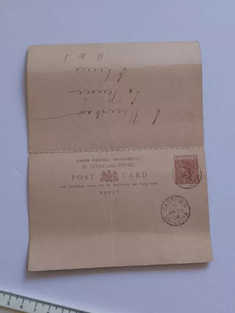 St Lucia: 1901 Penny Half Penny Postal/Reply Card, Castries, St Lucia, Creased