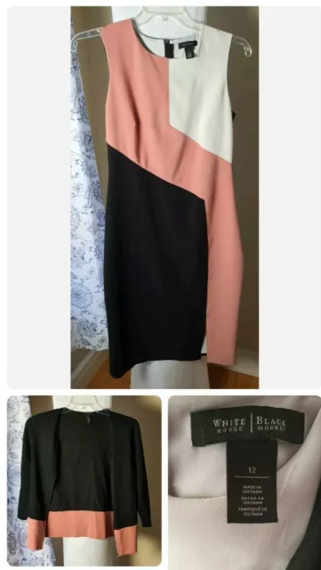 White House Black Market 2 Pc Dress & Jacket Suit Medium 12 Peach Black White