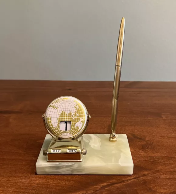 Vintage MCM Desk Globe Perpetual Calendar Flip Turn Daily Onyx base pen holder