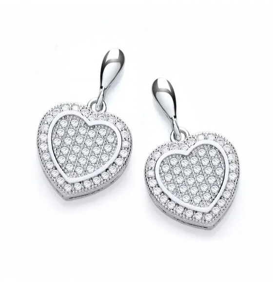 Micro Pavé Pendientes Largos Corazón Plata Maciza de Ley 925 Lujoso Pack