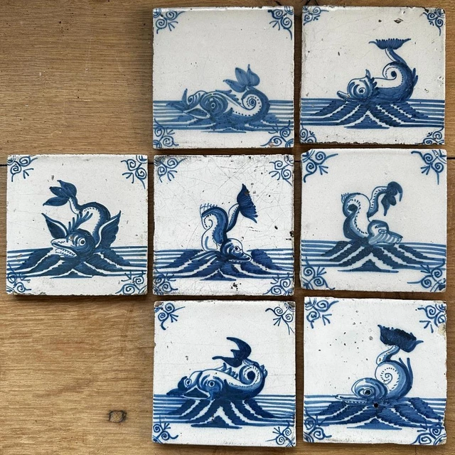 Seven 1500's/1600's Dutch Delft Faience Tiles with Sea Monsters/Serpents/Fish