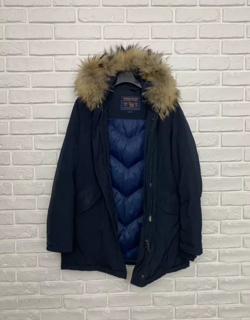 Women's Woolrich Ramar Cloth Down Parka Dark Navy Hooded Jacket Fur Size L