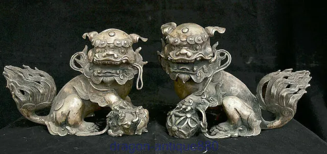 10.8" Old Chinese Silver Folk Fengshui Foo Fu Dog Guardion Lion Ball Pair Statue
