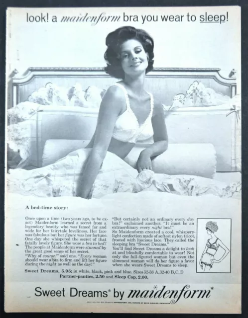 1962 Woman in bed modeling Maidenform sweet dreams bra retro photo print ad