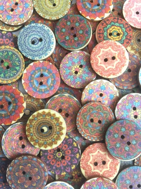 Wooden mandala buttons 25mm shabby chic rustic - packs of 30 50 and 100