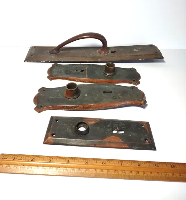 2 Vintage Brass Or Copper Orbin Door Plates 1 Small Plate & 1 W/Handle Attached