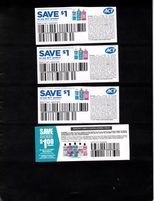 Four "Gift Cards" For $1.00 Off Act & Listerine Mouthwash (Free Ship) $4 Value