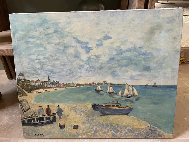 tableau peinture bord de mer bateaux pecheurs 62 cm par 50 cm