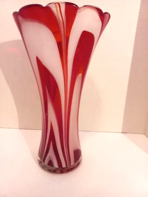 Art Glass Vase Studio Red & White Abstract Swirl