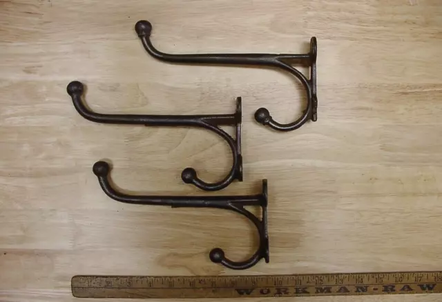 3 Vntg Unbranded Hvy Duty Cast Iron Ball End Coat & Hat Hooks,8" Projection,READ
