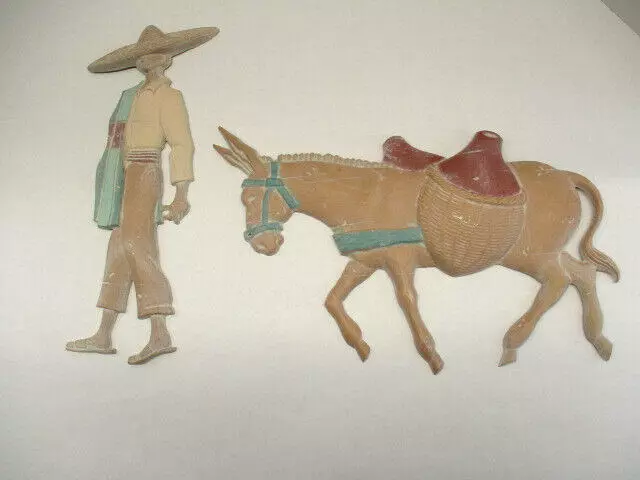 VTG Donkey Burro Mexican Villager Man Metal Wall Decor Folk Art Southwestern