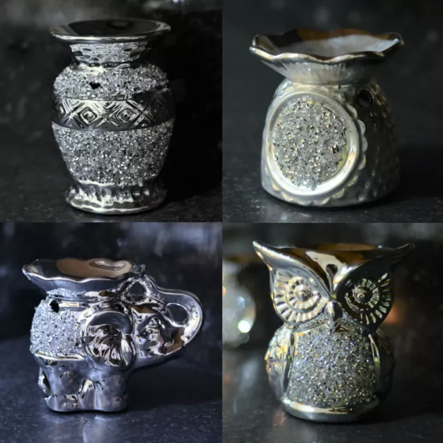 Silver Diamante Sparkly Wax Melt Oil Burner Tea Light Candle Holder Home Decor