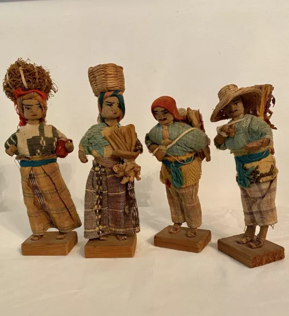 4 Vintage Handmade Guatemalan Peruvian Fabric Folk Art Doll South America Signed