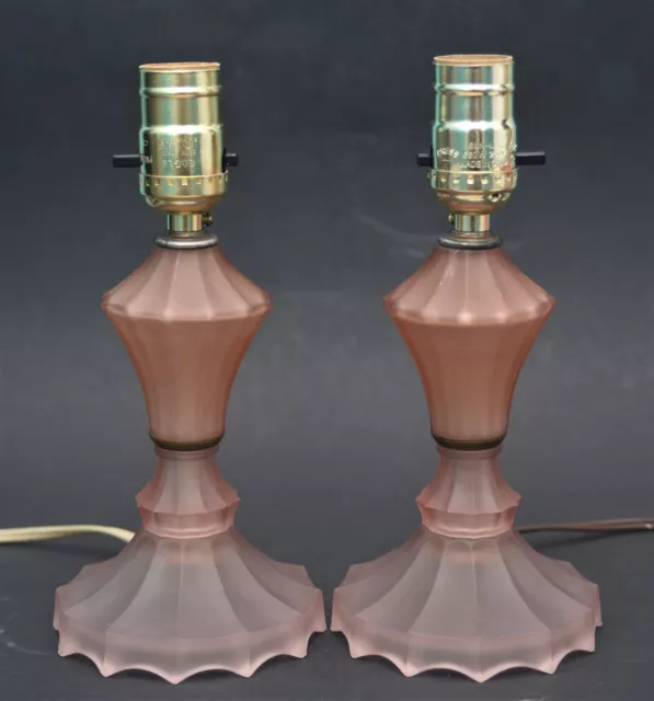 Pair 2 Vintage Antique Art Deco Pink Depression Glass  Boudoir Lamps Rewired