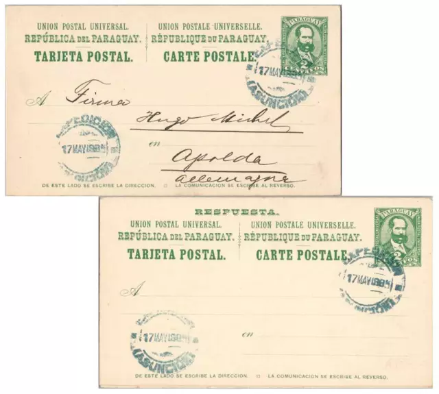 Paraguay 2c Jovellanous Attached Reply Postal Card 1885 La Encarnacion Asuncion