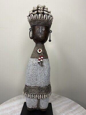 Namji african fertility doll hand carved wood w/ beads 14" X 4" white and black