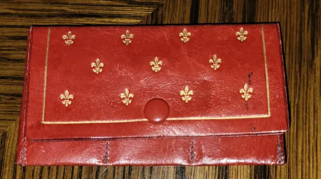 Vintage Italian Red Leather Lee Imports Stamp Wallet Fleur De Lis