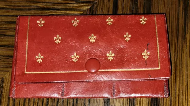 Vintage Italian Red Leather Lee Imports Stamp Wallet Fleur De Lis