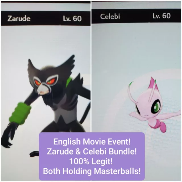 6IV Celebi and Zarude 2-Pack - Improved Pokemon holding master balls -  Pokemon Movie 2020 Event for Pokemon Sword and Shield - elymbmx