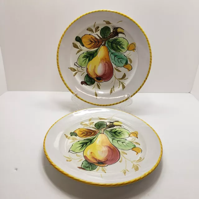 VTG Italian Majolica Pottery Hand Painted Fruit Plates Pears  8 3/4" set 2 READ