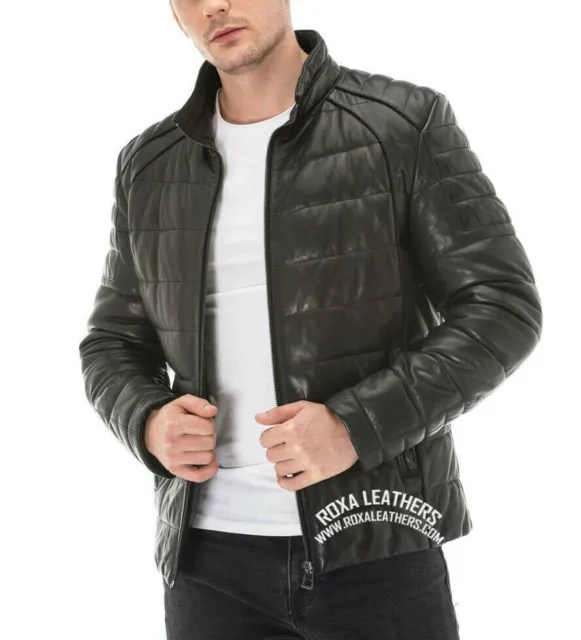 Cool Men's 100% Genuine Lambskin Leather Jacket Puffer Black Full Quilted Zipper