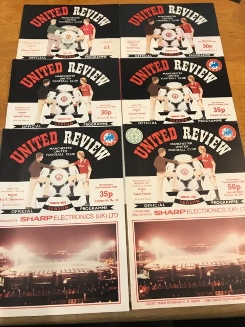 13 Assorted Manchester United European Home Programmes