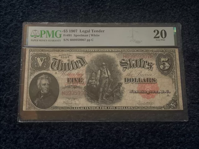 🌟 1907 $5.00 Legal Tender Note Woodchopper VF 20 PMG (Fr#91) Speelman/White