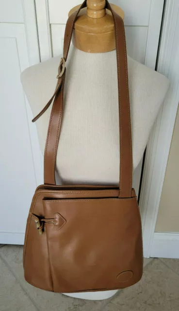 Longchamp Vintage Roseau Tan Leather Shoulder Bag Handbag Zip Closure Toggle