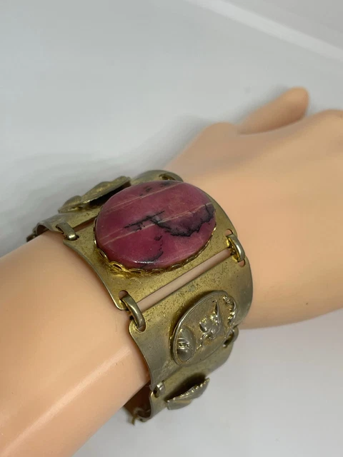 Vtg Coat of Arms With Rose Quartz Stone Crown Charm Panel Bracelet Estate Sale