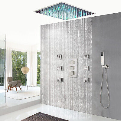 Shower Faucet Set LED Rain Head Combo Thermostatic Mixer Valve with Massage Jets