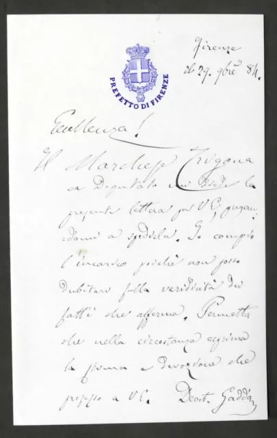 Lettera con autografo del prefetto di Firenze Giuseppe Gadda - 1884