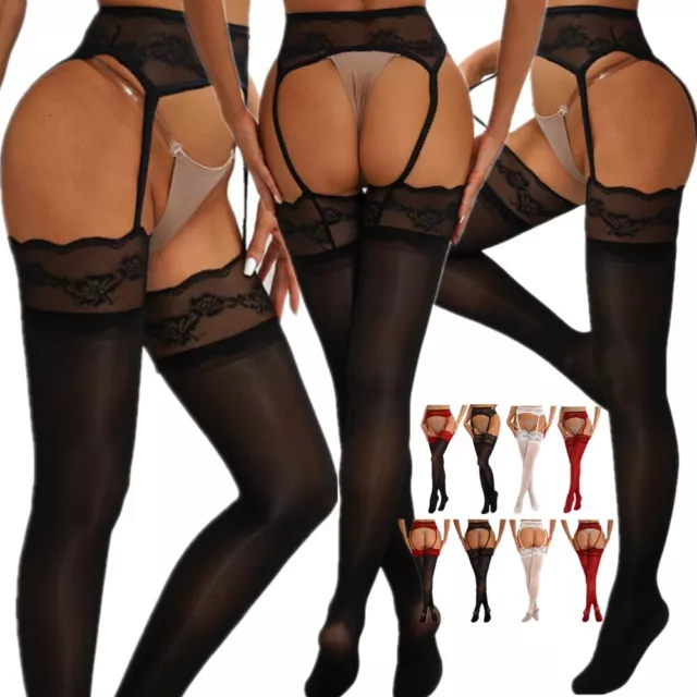Women's See Through Lace Top Stocking with Garter Belt Silky Suspender Pantyhose