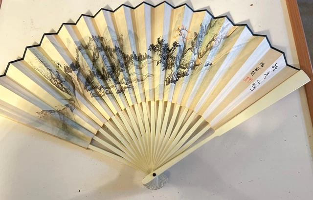Vintage Signed Chinese Hand Painted Mountain Scene Paper Folding Fan w/ Box